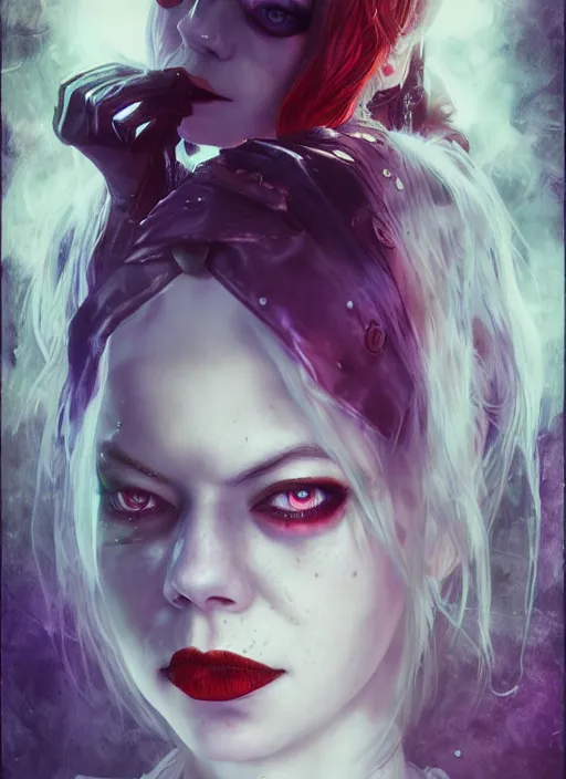 Prompt: underwater dark goth gothic steampunk portrait of emma stone as harley quinn, full moon, hyper detailed, digital art, cinematic lighting, studio quality, smooth render, unreal engine 5, octane rendered, art style by klimt and nixeu and ian sprigger and krenz cushart.