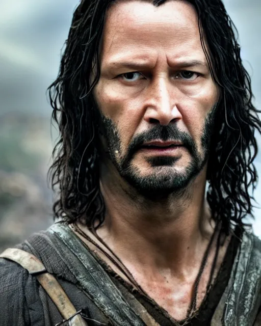 Prompt: Keanu Reevez in the role of Aragorn, film still, amazing short, 8K, IMAX, ultra detailed