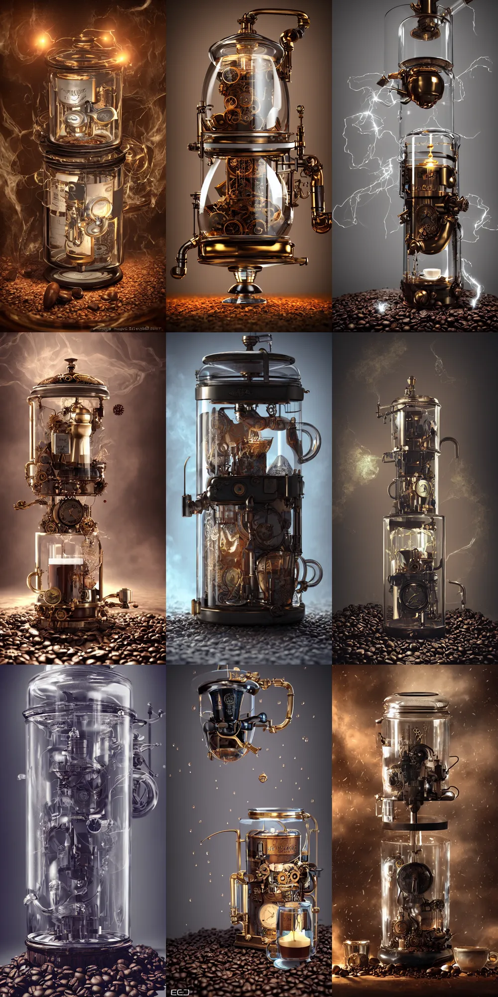 Prompt: steampunk coffee machine inside a glass jar, lightning, intricate detail, volumetric lighting, epic composition, hyper detailed, ultra realistic, sharp focus, octane render, candle, volumetric, ray tracing, artstation trending, cgsociety, sense of awe, swirling mist, 4 k