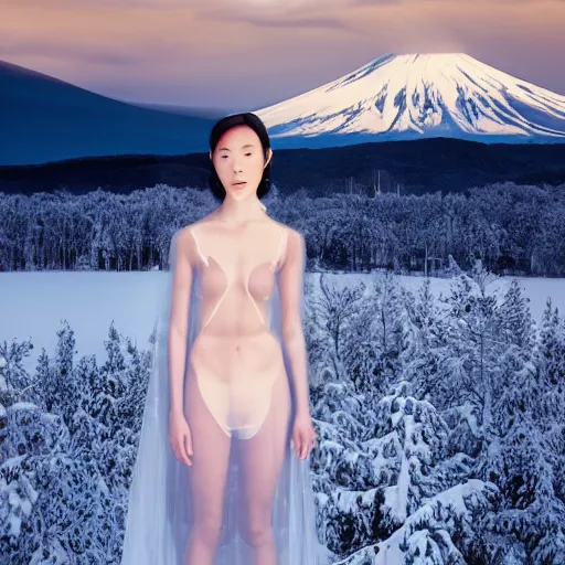 Image similar to a instax photo of fuji mountain, a tall japanese girl in a transparent sheer fabric dress against the background of fuji mountain, severe snow, full body shot, perfect symmetrical body, perfect symmetrical face, coherent symmetrical eyes, by peter kemp, by monia merlo, hyperrealistic, hyperdetailed, octane render, 8 k