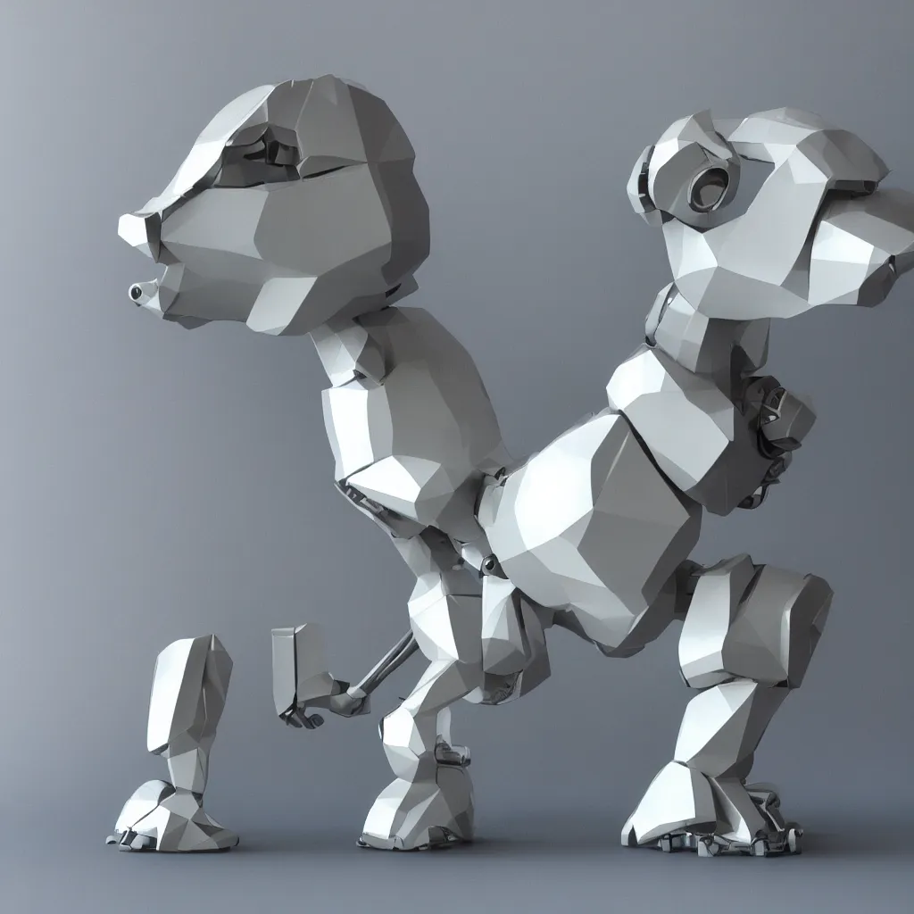 Prompt: robot cat made out of low poly metal, glossy white finish, 33mm close up photo