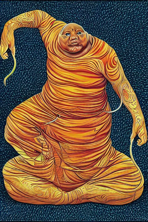 Prompt: obese tabby cat shaolin monk by alex grey, full body, extremely detailed