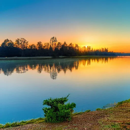 Image similar to 4k UHD photograph sunrise reflected from lake with trees on distant shore and a sailboat