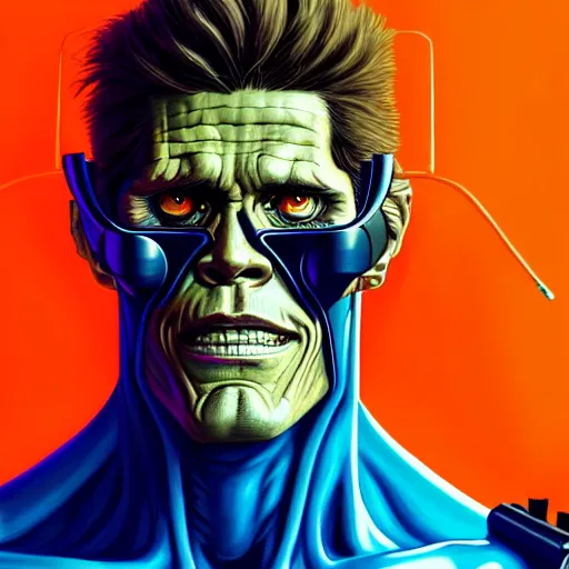 Prompt: portrait painting of a cyberpunk muscular willem dafoe with big horns, sharp focus, award - winning, trending on artstation, masterpiece, highly detailed, intricate. art by josan gonzales and moebius and deathburger