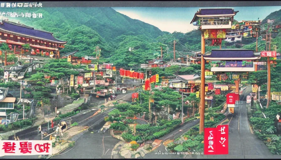 Image similar to A 1980s Japanese advertisement for a futuristic dream mountain town eco city themed like Jiufen, cable cars, flying cars, escalators, colorful