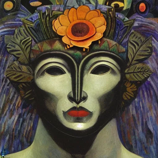 Image similar to head of a beautiful boy wearing a mask made of metal flowers, by diego rivera and john watkiss and annie swynnerton, art deco shaman, stylized flowers, art brut, symbolist, dramatic cinematic lighting, god rays, iridescent beetles, clean crisp graphics, smooth sharp focus, extremely detailed