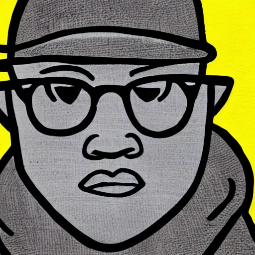 Prompt: self portrait of man in black trucker hat and glasses, ink on post it note