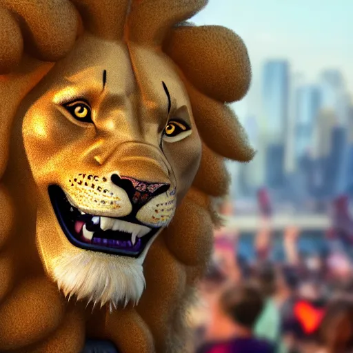 Prompt: scene of an anthropomorphic lion at a protest movement exquisite detail lion in hippie clothes, Streetwear, hippie fashion, protest movement, trending on artstation, bokeh, incredible detail, Graeme Base, 8k detail, gi, global illumination, physically based rendering, photoreal, small details, intricate complexity