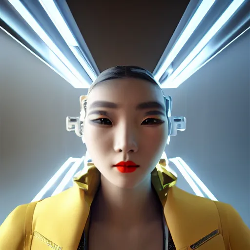 Image similar to futuristic korean inspired avant-garde art, deco fashion, highly detailed, photorealistic portrait, bright studio setting, studio lighting, crisp quality and light reflections, unreal engine 5 quality render