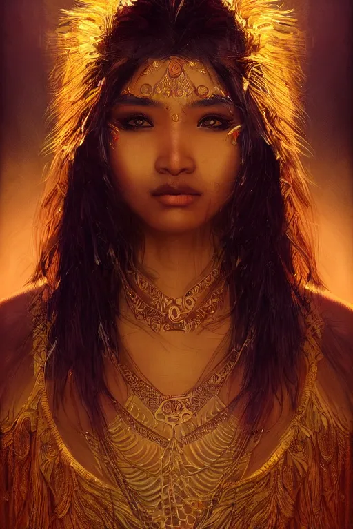 Image similar to stunningly beautiful, nepali dancer in jungle, symmetrical face, golden hour, smooth, focus, highly detailed, hyper realistic, dramatic lighting, elegant, intricate, concept art, art by wlop, mars ravelo, greg rutowski, artstation