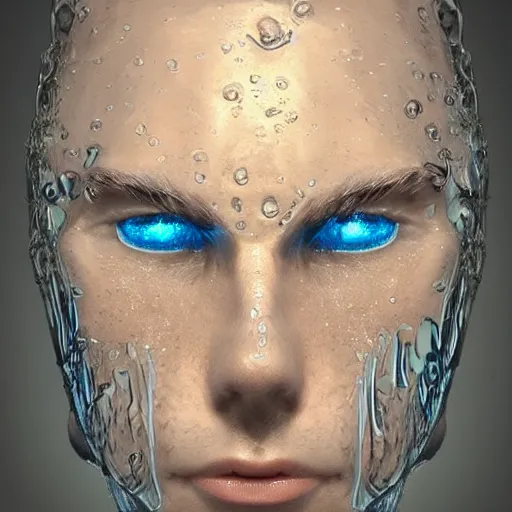 Prompt: the face of a person entirely made of water. Water formed into the shape of a human. Amazing beautiful fantasy art, trending on artstation