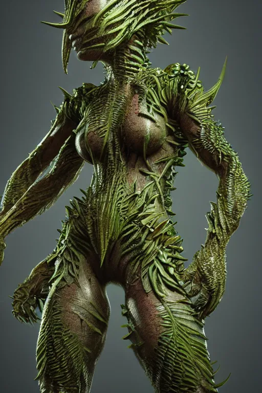 Image similar to skin concept costume, in full growth, biopunk, plant predator, predator, trypophobia, plants and worms, many details, crystals, guyver style, 3 d, cinematic, hyper realism, high detail, octane render, art by hans giger