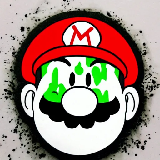 Image similar to die cut sticker, yoshi wearing mario's mustache, splatter paint