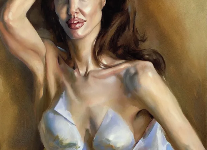 Image similar to a highly detailed beautiful portrait of angeline jolie, with abs, smiling, by gregory manchess, james gurney, james jean