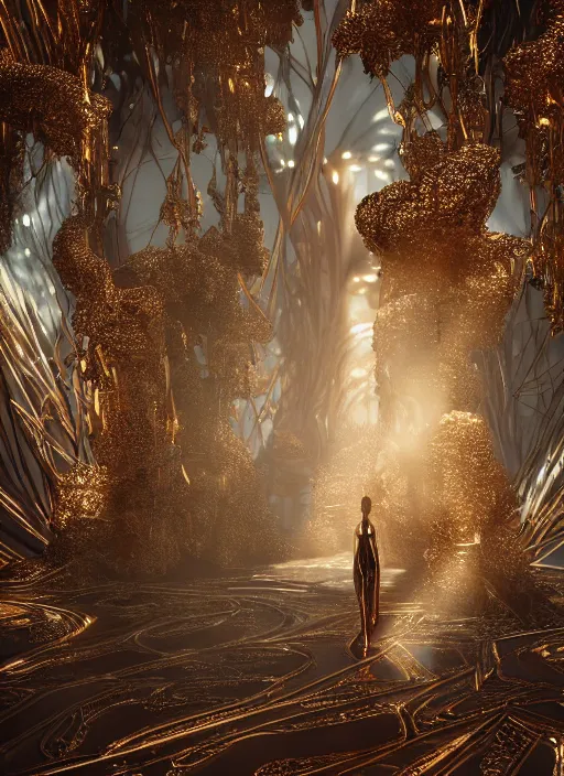 Image similar to beauteous sumptuous, futuristic catwalk fashion show, crystal, gold, copper, bronze, crystalline masterpiece incrustations, by victoria frances, hyperdetailed metalwork, movie still, intricate, octane render, cinematic forest lighting, unreal engine, crepuscular rays, god rays