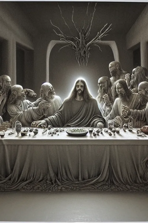 Image similar to hyper realistic painting of the last supper by wayne barlowe, beksinski, hr giger, austin osman spare, bussiere