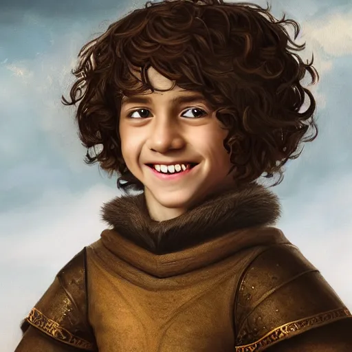 Image similar to a detailed portrait of a medieval ten year old boy smiling, he has short curly brown hair, brown eyes and white skin, fantasy art illustration, incredibly highly detailed and realistic, 8 k, sharp focus