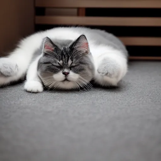 Image similar to gray and white cat sleeping on the hardwood floor, fluffy, dimly lit room