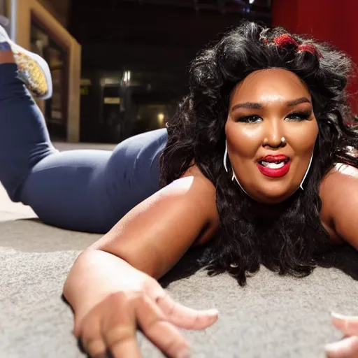 Prompt: local news broadcast of lizzo lying on the floor during a live broadcast