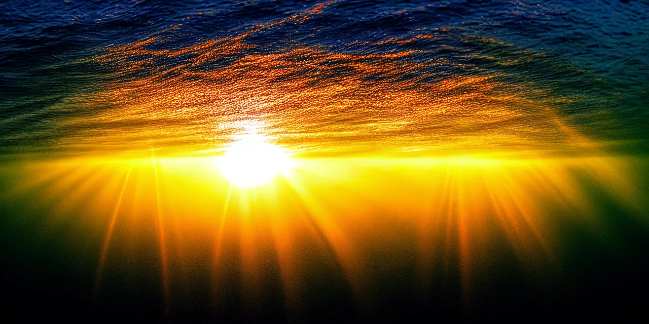 Prompt: photo of a sunset taken from underwater, rays of sunlight refract and glimmer through the water, caustics