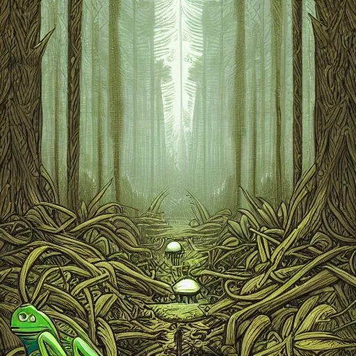 Prompt: A frog inside a forest by Dan Mumford