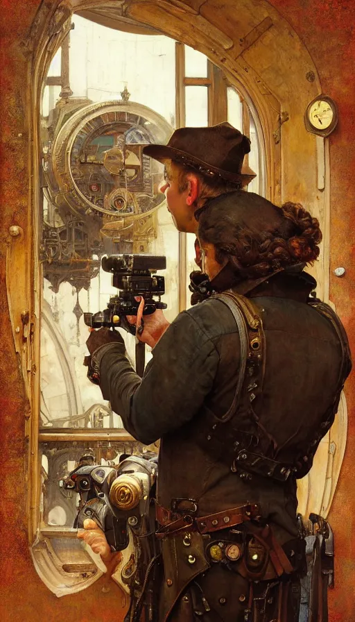 Prompt: hyper realistic photographer looking through camera towards viewer, magical, steampunk, painted by james gurney, norman rockwell, tom bagshaw, mucha, gaston bussiere, craig mullins, j. c. leyendecker 8 k