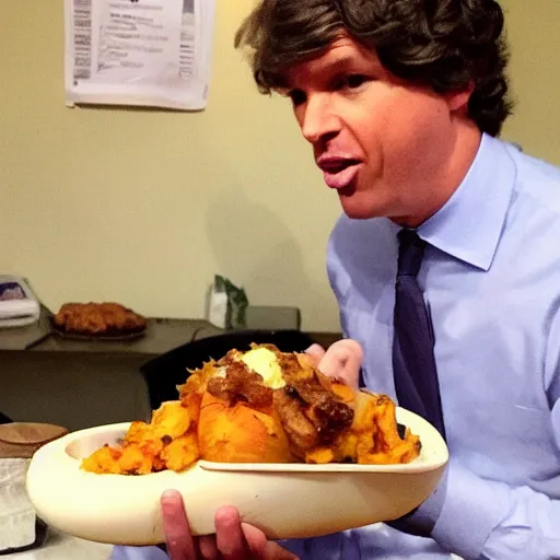 Image similar to tucker carlson eating a fully loaded baked potato