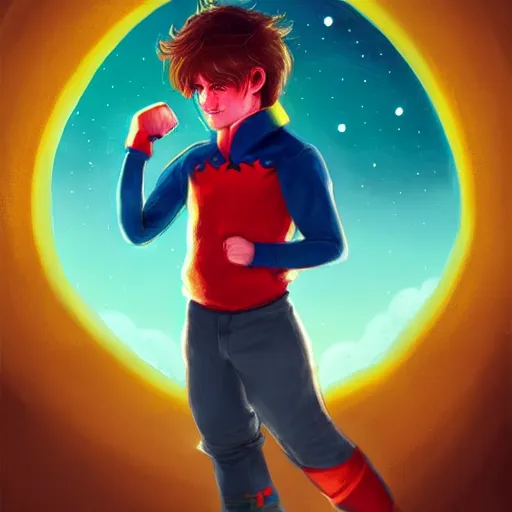 Image similar to colorful and festive captivating young child boy, brown fluffy hair, wearing red and yellow hero suit, shooting a crescent moon out of his fist. full body, rich vivid colors, ambient lighting, dynamic lighting, 4 k, atmospheric lighting, painted, intricate, highly detailed by charlie bowater