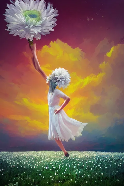 Image similar to giant white daisy flower as head, girl dancing in a flower field, surreal photography, sunrise, dramatic light, impressionist painting, colorful clouds, digital painting, artstation, simon stalenhag