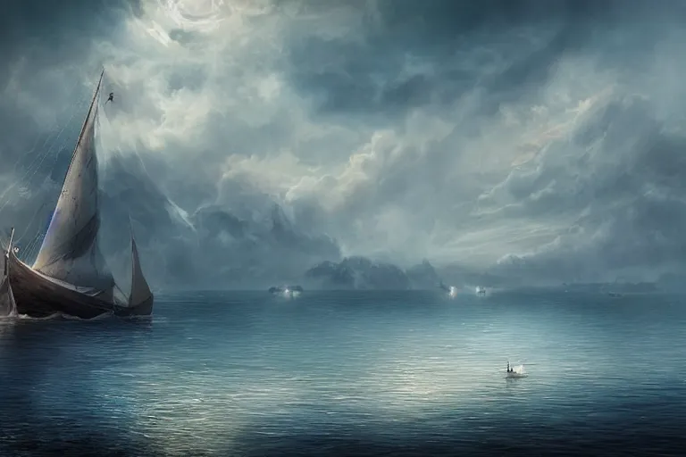 Image similar to sailing boat on a lake of dreams, matte painting, concept art, stunning, ultra sharp focus