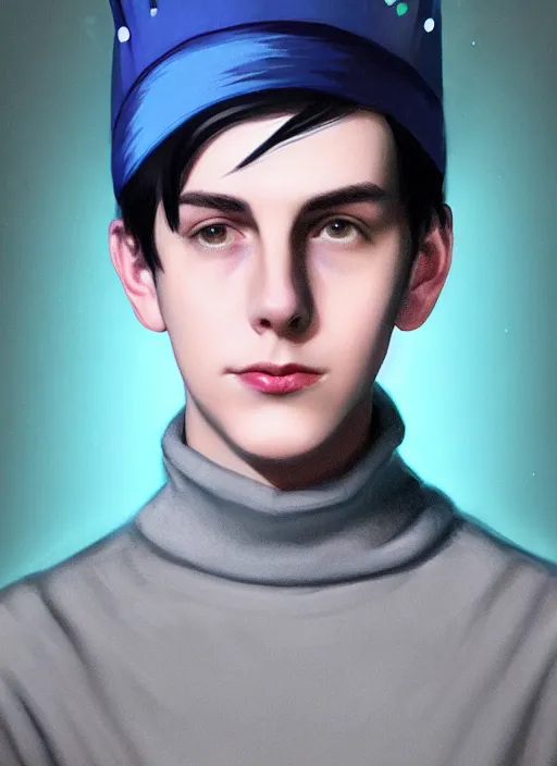 Image similar to portrait of teenage jughead jones wearing a light grey crown, crown, blue turtleneck, closed eyes, photorealistic, black hair, glowing lighting, intricate, elegant, glowing lights, highly detailed, digital painting, artstation, concept art, smooth, sharp focus, illustration, art by wlop, mars ravelo and greg rutkowski