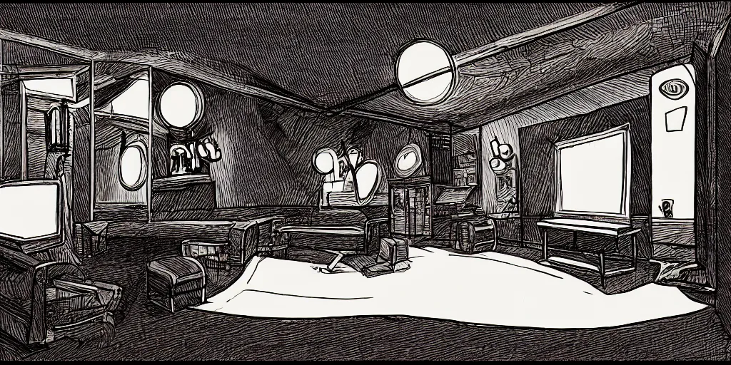 Prompt: a dimly lit, theater dressing room, with a mirror, a chair, a couch, day of the tentacle style, drawn by Peter Chan, 5 point perspective