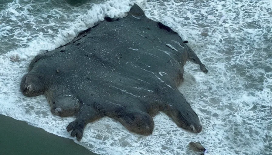 Image similar to CNN news footage taken from above. A huge creature is washed up on the beach.