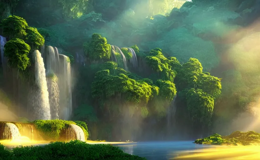 Image similar to a beautiful and stunning professional digital artwork of a humongous gold cave, haze, waterfall, volumetric lighting, hyperrealistic, green, blue, sunset, unreal engine 5, ultra detail