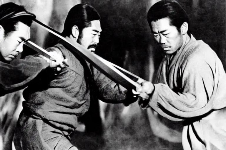 Image similar to toshiro mifune and tatsuya nakadai swordfight from the film by akira kurosawa