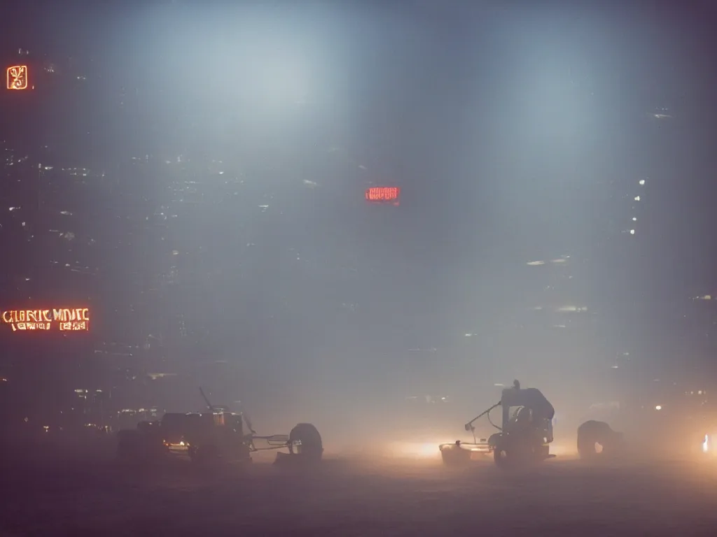 Image similar to farmer flying his harvest machine at a vertical farm in blade runner 2 0 7 2, cinestill, denis villeneuve, atmospheric, morning light, foggy, futuristic, ultra - hd, ultra - realistic