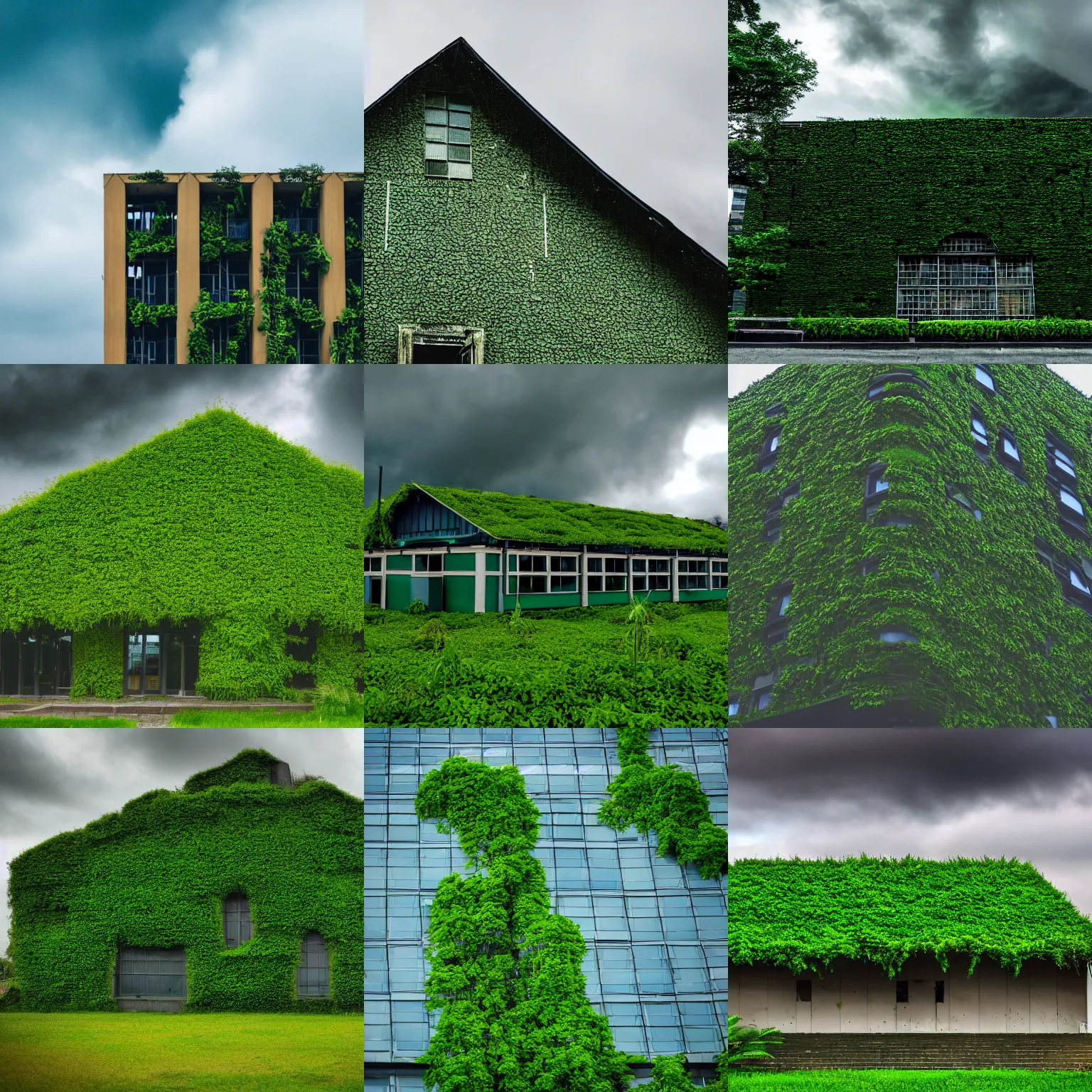 Prompt: a building covered with small green leaves under a cloudy sky, high detailed