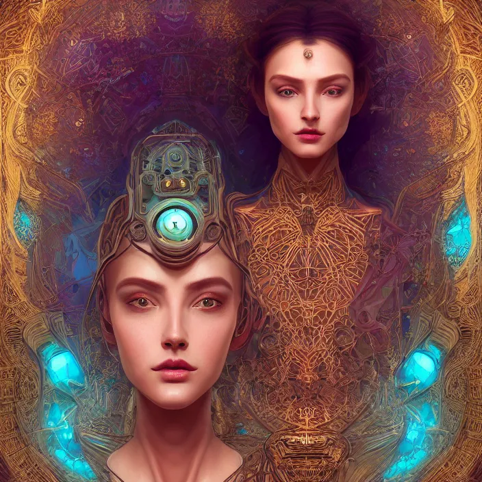 Image similar to beautiful symmetrical face portrait android woman time machine axonometric mechanical fantasy intricate elegant highly detailed in volumetric void of latent space lush flowers intricate jewellery, realm of the gods golden turquoise steampunk, axonometric high contrast cinematic light, mystical shadows, digital painting, sharp focus, octane render, photographic, concept art, artist leonardo davinci, unreal engine 8 k