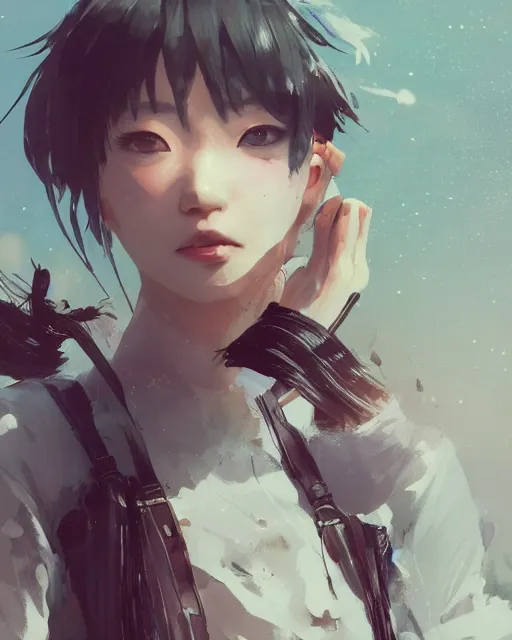 Prompt: a singer young japanese woman with very short hair looking to the skies, cinematic lighting, dramatic atmosphere, artwork by dustin nguyen, akihiko yoshida, greg tocchini, greg rutkowski, cliff chiang, 4 k resolution, trending on artstation,