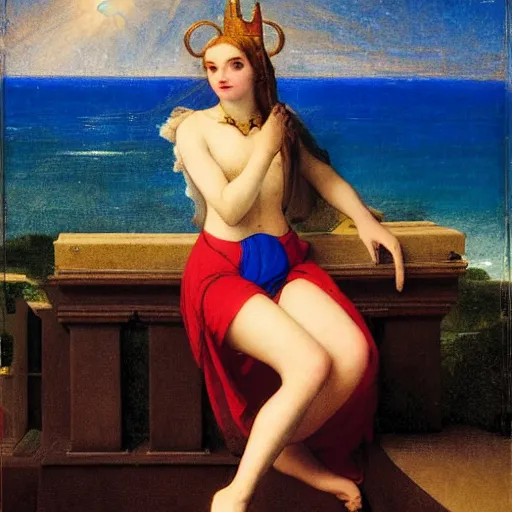 Prompt: A girl jester on the front of a Balustrade with a beach on the background, major arcana, by paul delaroche, hyperrealistic