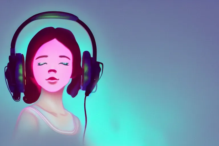 Image similar to a cute girl wearing headphones sitting on a cloud relaxing, misty, glows, digital art, hazy, foggy, ambient lighting, 8 k, neon, synthwave,