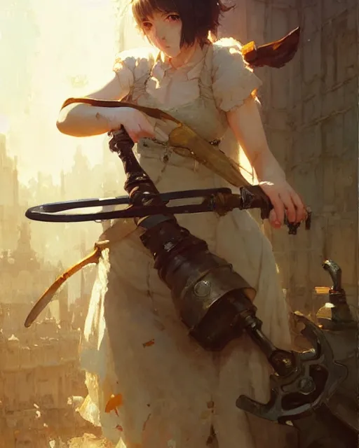 Prompt: cute girl, whitesmith, huge intricate hammer as weapon, mechanical parts, digital painting by krenz cushart, ilya kuvshinov, akihiko yoshida, greg rutkowski, karl spitzweg. sharp focus, highly detailed, intricate background