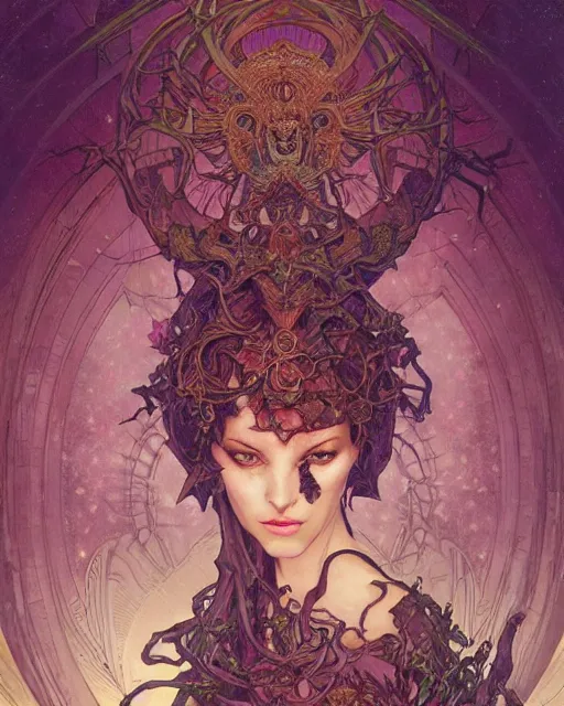 Image similar to centered portrait of a angry rotten beautiful female growing ornamentation all around, ornate, ornaments, detailed, symmetrical, elegant, beautifully soft lit, by wayne barlowe, peter mohrbacher, kelly mckernan, alphonse mucha