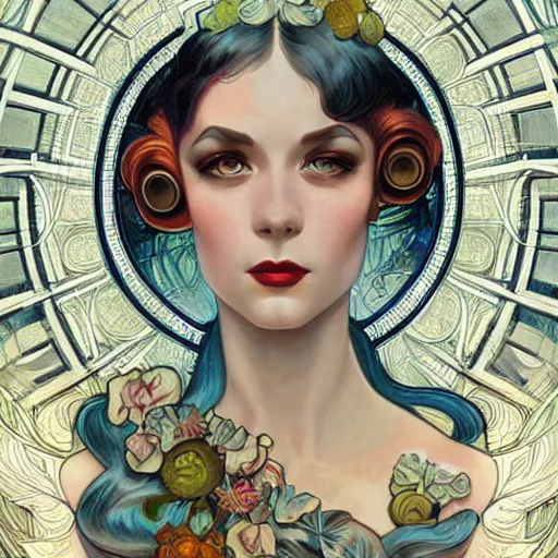 Prompt: an art deco portrait in the style of anna dittmann and donato giancola and alphonse mucha.