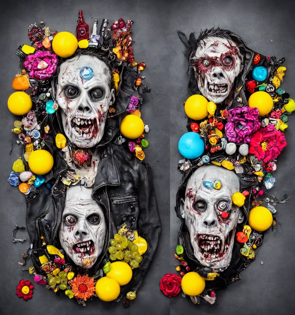 Prompt: bodyshot of a zombie punk rock star, leather jacket, ripped jeans, head made of fruit gems and flowers in the style of arcimboldo, photorealistic, action figure, clay sculpture, claymation, gray blue and yellow, dramatic stage spotlight lighting