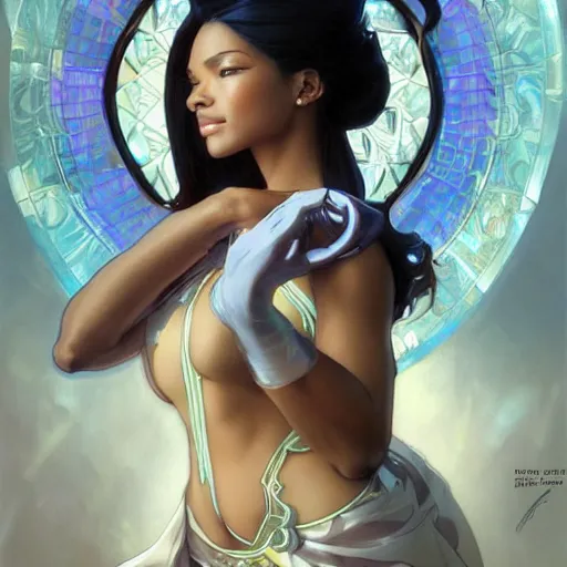 Prompt: ebony ethereal beauty as stella from videogame dragon quest looking in a mirror her own reflection. art by artgerm and greg rutkowski and alphonse mucha, intricate upper body, highly detailed, digital painting, artstation, concept art, smooth, sharp focus, illustration, art by hajime sorayama