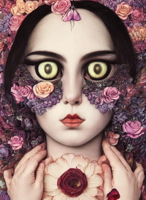 Prompt: sofia vargerra, cat eye, botanical, rose, portrait face, colorful, kupka, intricate, miles johnston, kuroda seiki, ozabu, godward, painterly, yoshitaka amano, moebius, miles johnston, louise zhang, james jean, mark ryden lowbrow pop surrealism art style