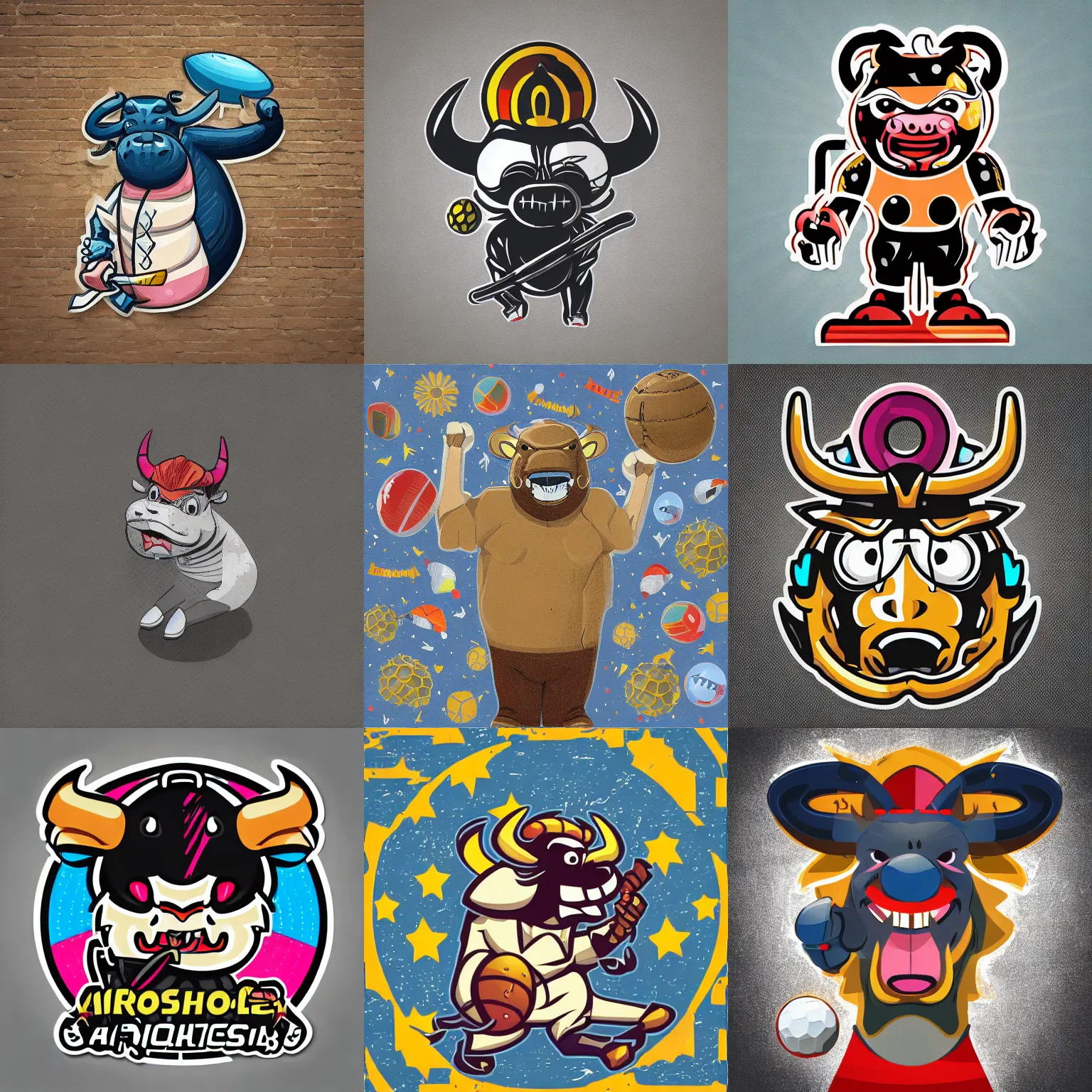 Prompt: “ aggressive anthropomorphic bull with a cricket ball, full body mascot, sticker, highly detailed, colorful, illustration, smooth and clean vector curves, no jagged lines, low noise, vector art, logo ”