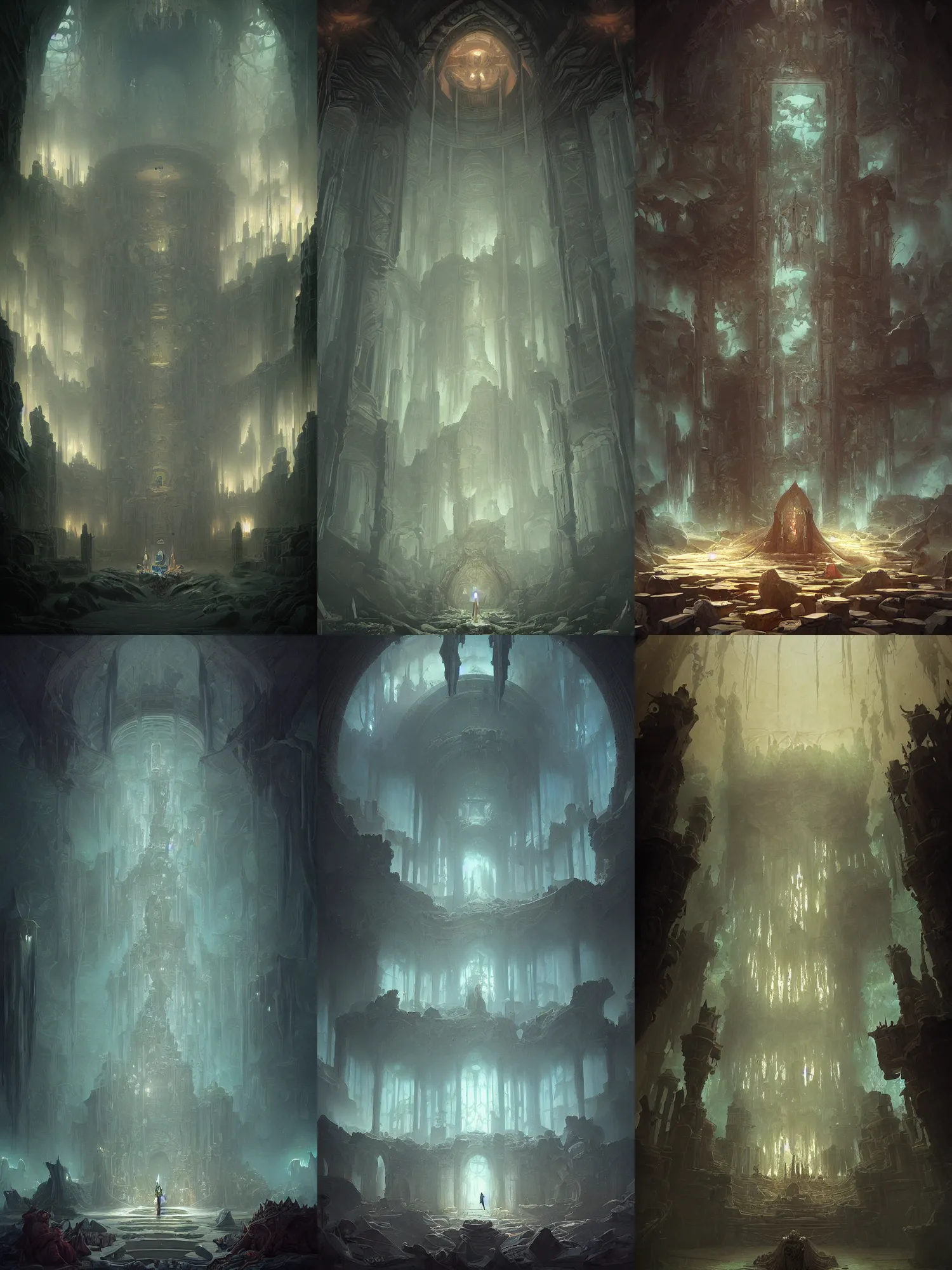 Prompt: Detailed Interior of the drowned temple, shattering walls, creeping gloom, the throne room, stunning atmosphere, Peter Mohrbacher, cinematic lighting