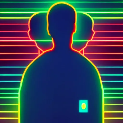 Image similar to a computer rendition by beeple, a small silhouette of a man standing in front of three : orange, green and cyan neon glowing vertical stripes, trending on artstation, 8 k resolution